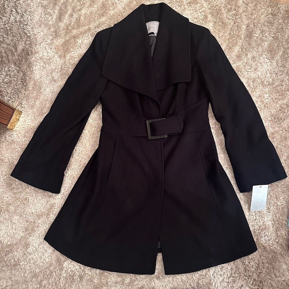 NWT Jessica Simpson Women’s Black Belted Fit & Flare Coat Jacket Size L